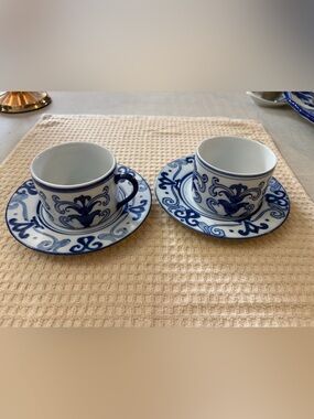 Bombay Blue and White Porcelain Espresso Cups with Saucers Set of Two